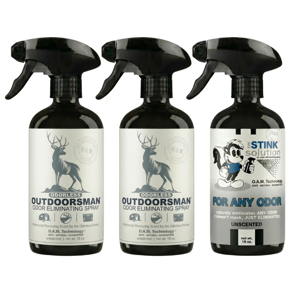 Three Pack - Two Odorless Outdoorsman Odor Eliminating Sprays + One Spray of Choice 16 oz