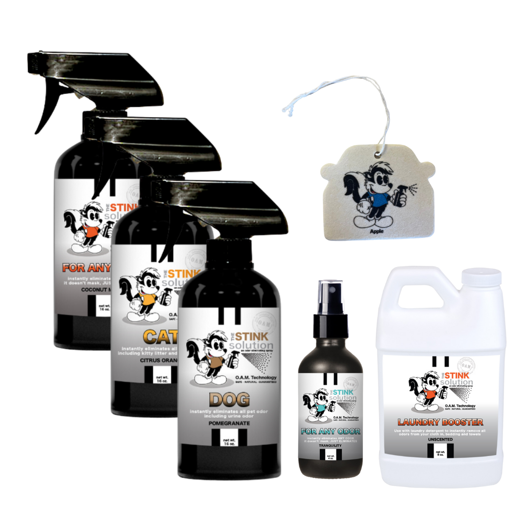 Buy 3 Get Sample Bundle FREE - 1 Coconut Mango (16 oz), 1 Cat (16 oz), 1 Dog (16 oz), 1 Tranquility (4 oz), 1 Mini Laundry Booster + 1 Car Air Freshener