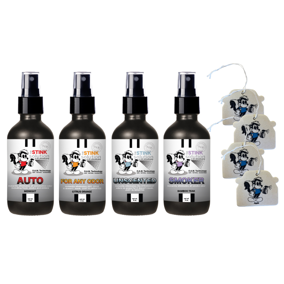 BUY 4 GET 4 Car Air Fresheners - Four 4 oz Odor Eliminating Sprays (Auto Midnight, Smoker Bamboo Teak, Citrus Orange, and Unscented)