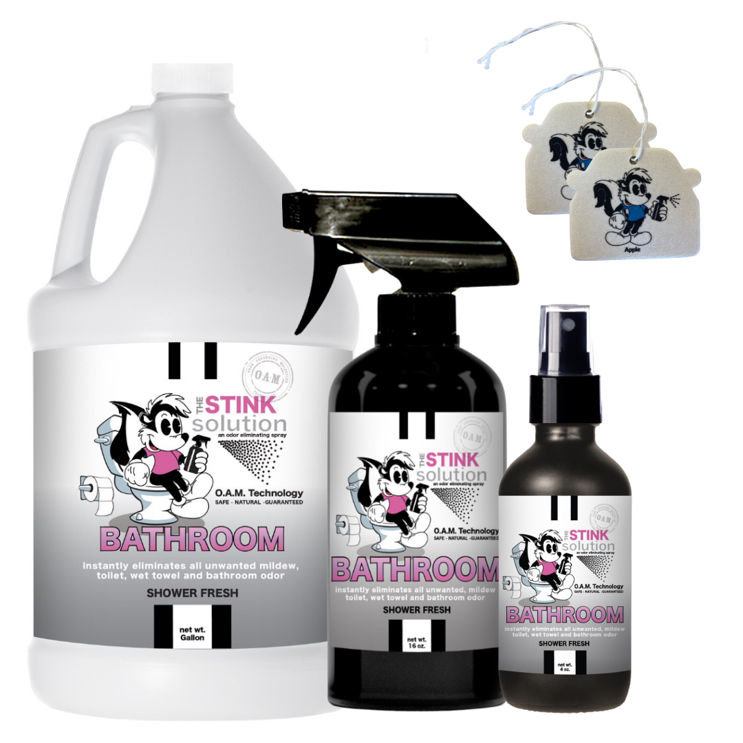 Triple Pack Bathroom Odor Eliminating Spray in Shower Fresh Gallon, 16 oz, and 4 oz Bundle + 2 FREE Car Air Fresheners