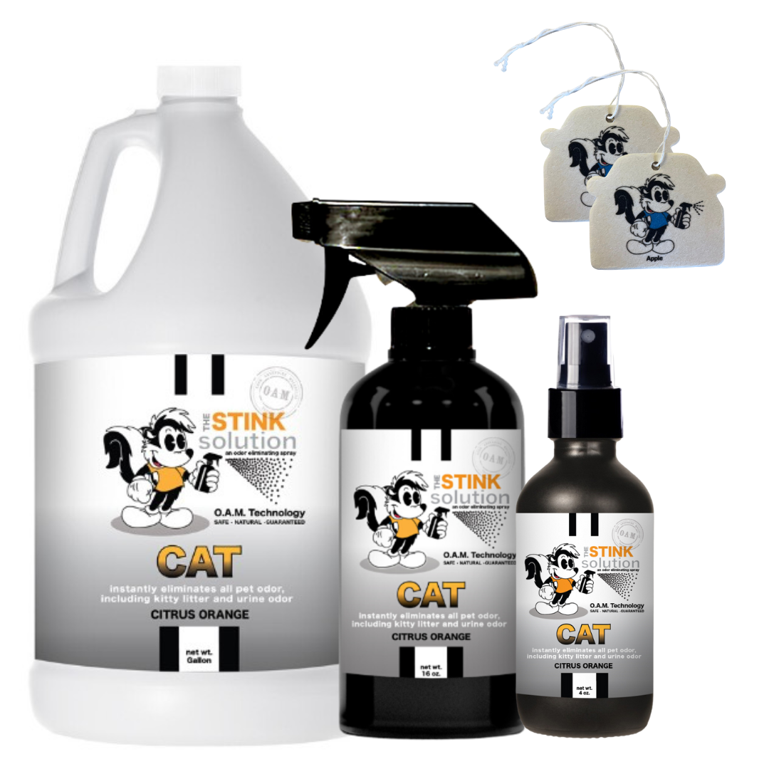 Triple Pack Cat Odor Eliminating Spray in Gallon, 16 oz. and 4 oz - Citrus Orange Bundle + 2 FREE Car Air Fresheners