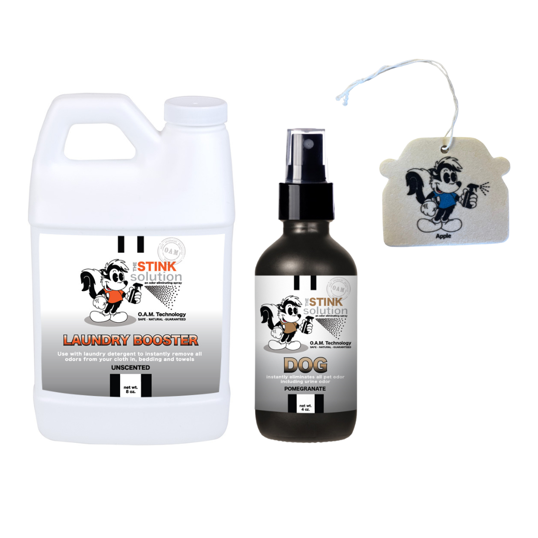 Sample Bundle - 1 Unscented Mini Laundry Booster, 1 Dog Odor Eliminator 4 oz (Pomegranate Fragrance) + 1 Car Air Freshener