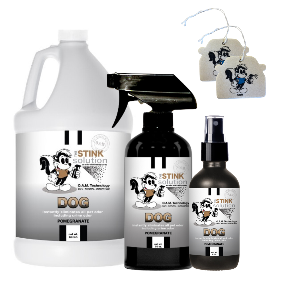 Triple Pack Dog Odor Eliminating Spray in Pomegranate Gallon, 16 oz. and 4 oz Bundle + 2 FREE Car Air Fresheners