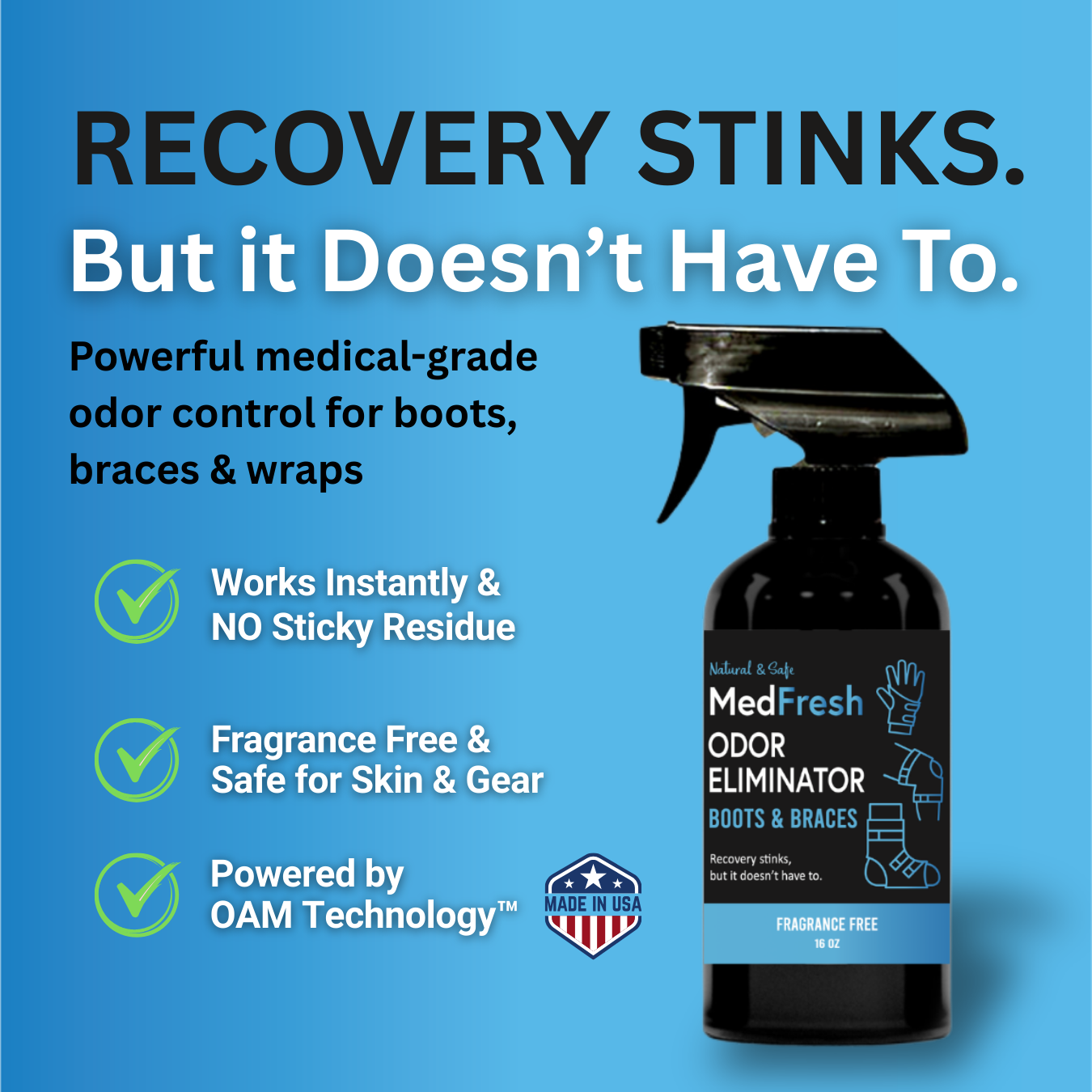 MedFresh Odor Eliminator Spray 16 oz Single for Boots, Braces, and Post-Op Gear, Fragrance-Free