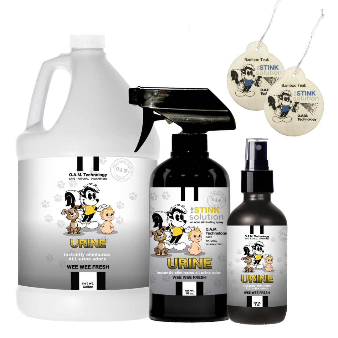 Triple Pack Urine Odor Eliminating Spray in Wee Wee Fresh Gallon, 16 oz, and 4 oz Bundle + 2 FREE Car Air Fresheners