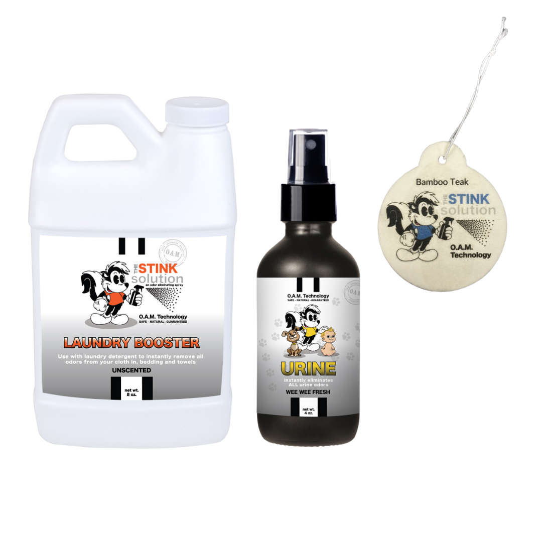 Sample Bundle - 1 Unscented Mini Laundry Booster, 1 Urine Odor Eliminator 4 oz (Wee Wee Fresh Fragrance) + 1 Car Air Freshener