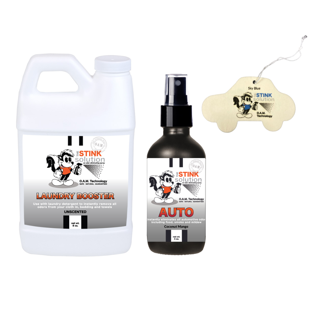 Sample Bundle - 1 Unscented Mini Laundry Booster, 1 Auto Odor Eliminator 4 oz + 1 Car Air Freshener