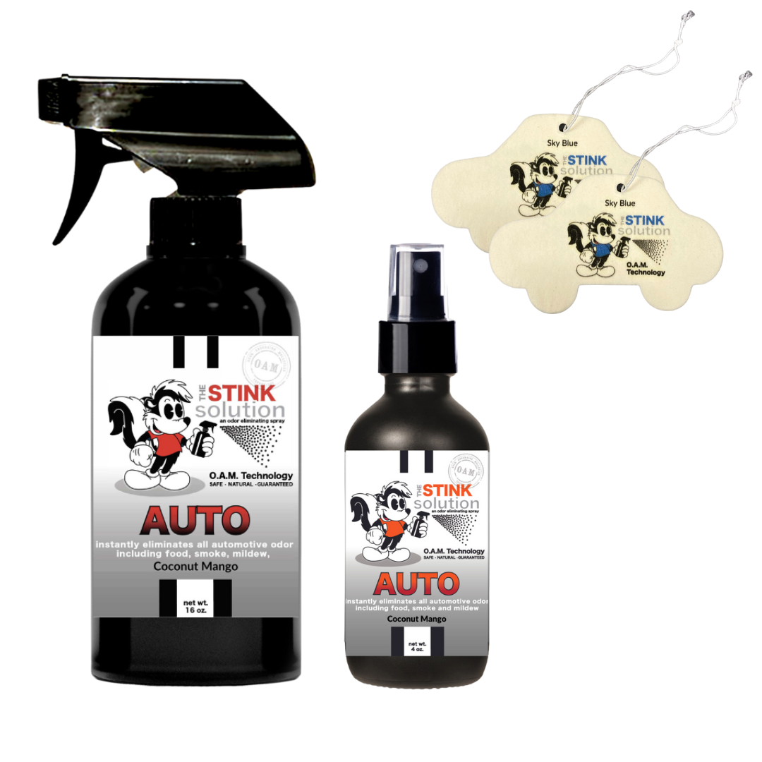 Twin Pack Auto Odor Eliminating Spray 16 oz and 4 oz Bundle + 2 FREE Car Air Fresheners