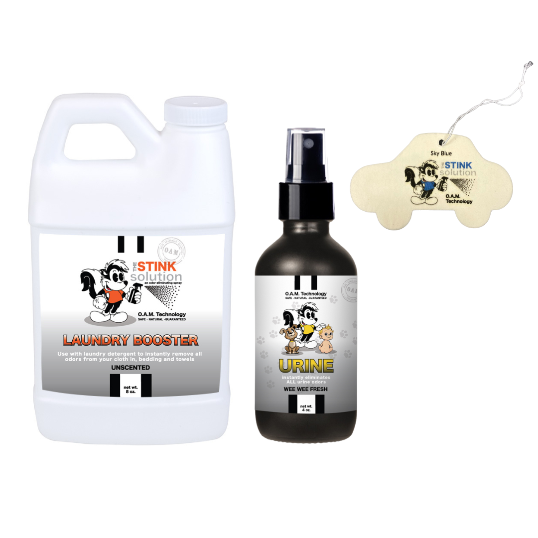 Sample Bundle - 1 Unscented Mini Laundry Booster, 1 Urine Odor Eliminator 4 oz (Wee Wee Fresh Fragrance) + 1 Car Air Freshener