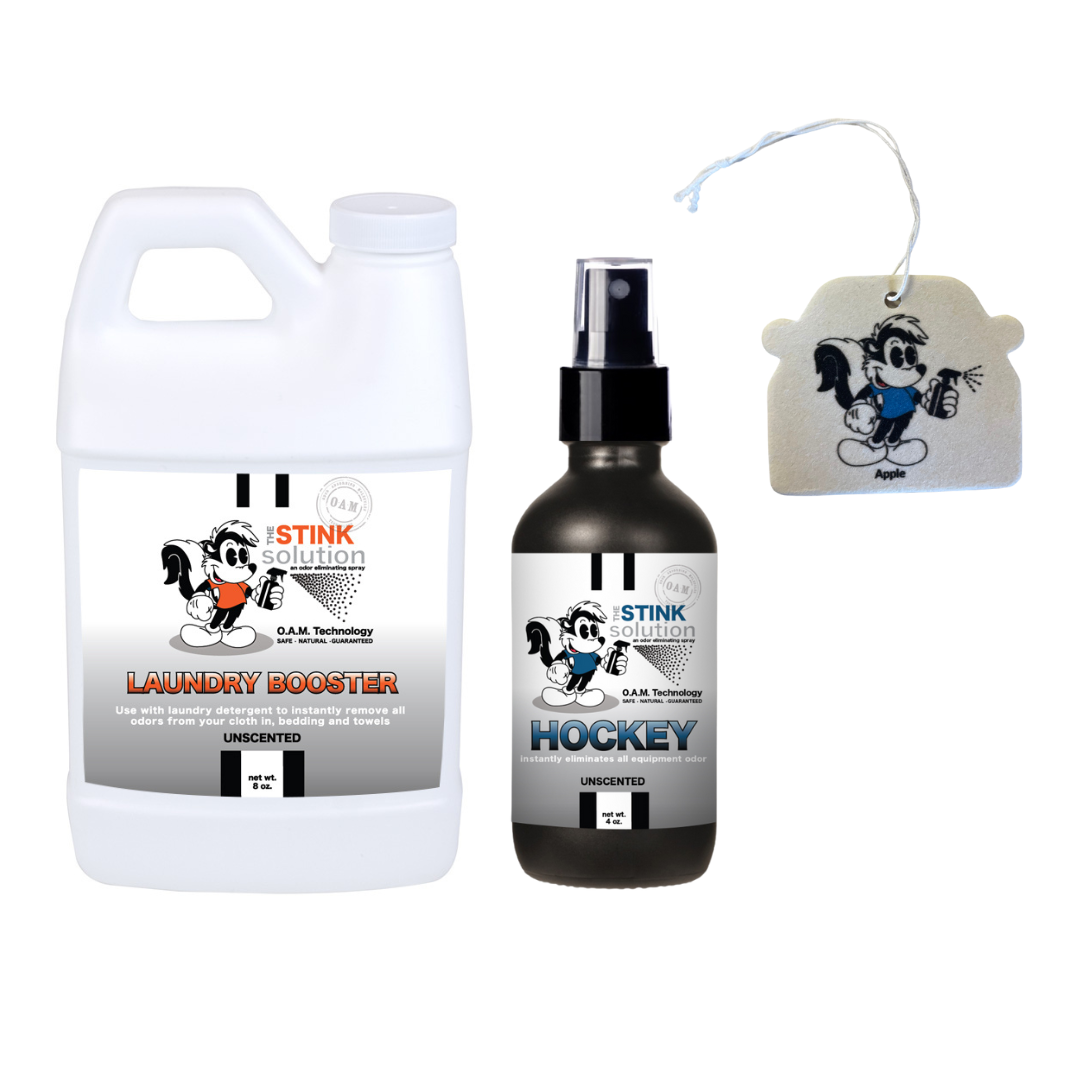 Sample Bundle - 1 Unscented Mini Laundry Booster, 1 Hockey Odor Eliminator 4 oz + 1 Car Air Freshener