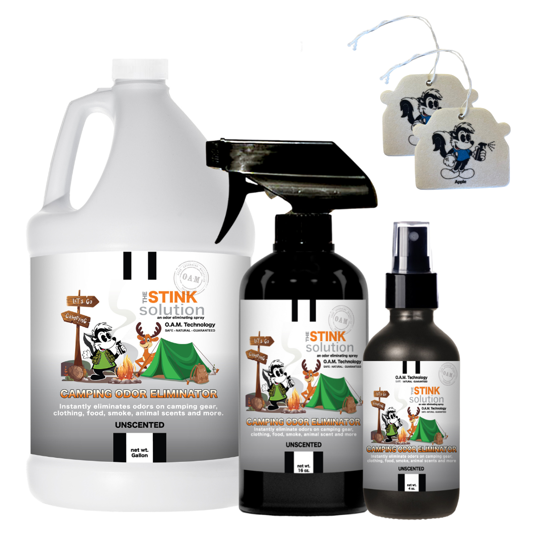 Experience odor-free camping with The Stink Solution's Camping Odor Eliminating Spray. Tackle tough outdoor odors effortlessly with our natural, non-toxic, and biodegradable formula. Say goodbye to unwanted smells and hello to freshness. 100% safe for all, backed by a money-back guarantee. Made in the USA.