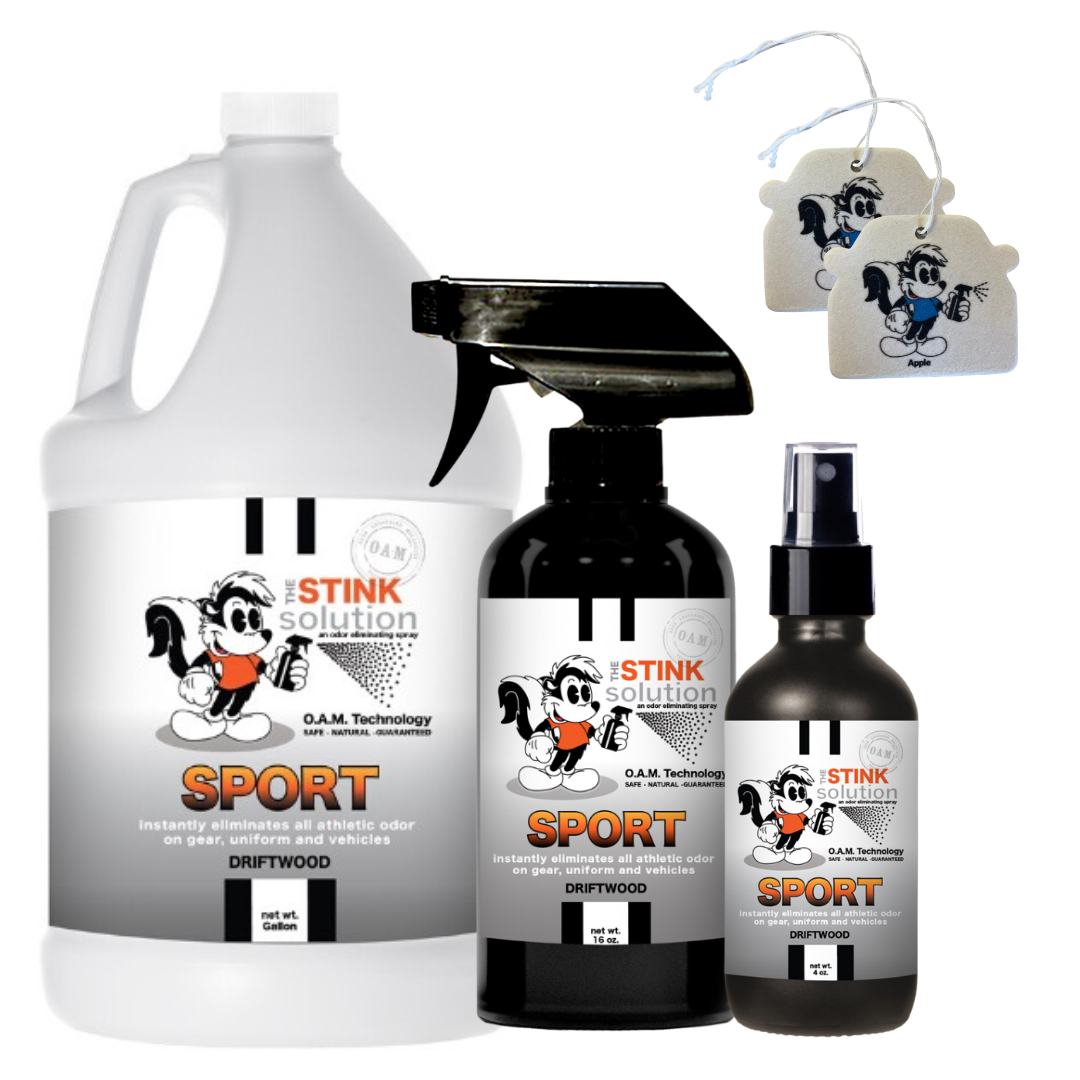 Triple Pack Sport Odor Eliminating Spray in Driftwood Gallon, 16 oz. and 4 oz Bundle + 2 FREE Car Air Fresheners