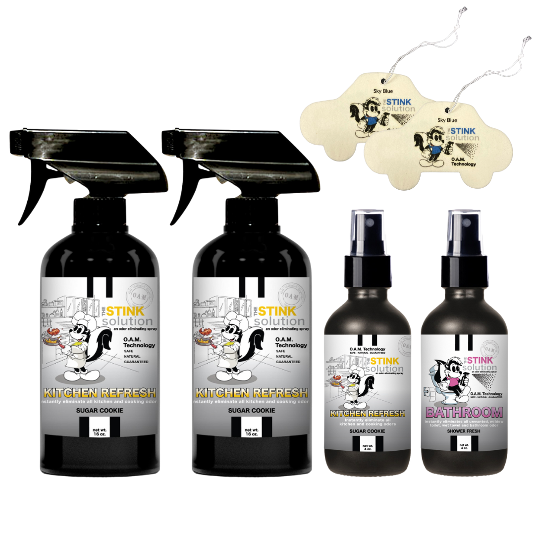 Buy 2 Get 4 FREE | Two 16 oz Sprays of Choice, One 4 oz Kitchen, One 4 oz Bathroom + 2 Car Air Fresheners