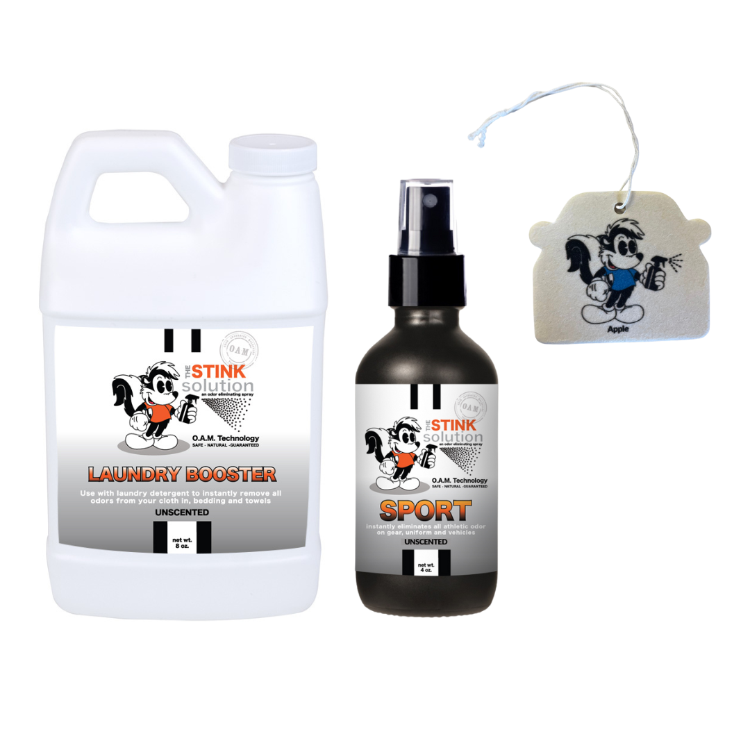 Sample Bundle - 1 Unscented Mini Laundry Booster, 1 Sports Odor Eliminator 4 oz, + 1 Car Air Freshener