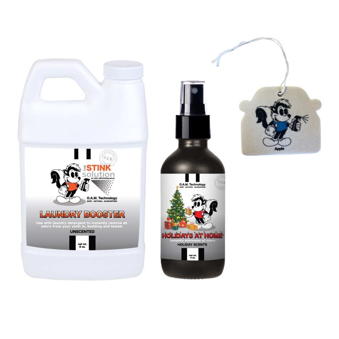 Sample Bundle - 1 Unscented Mini Laundry Booster, 1 Holiday Odor Eliminator 4 oz (Holiday Scents Fragrance) + 1 Car Air Freshener