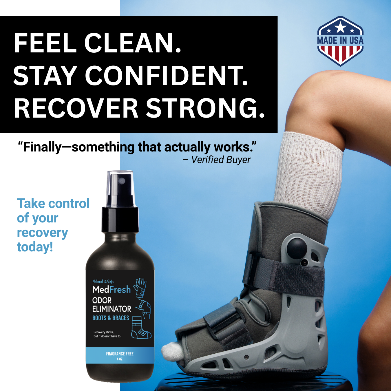 MedFresh Odor Eliminator Spray 16 oz Single for Boots, Braces, and Post-Op Gear, Fragrance-Free