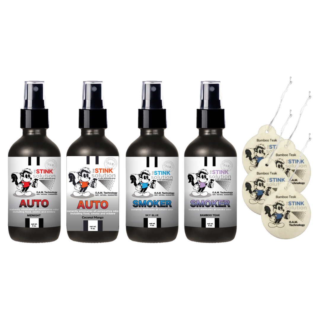 BUY 4 GET 4 Car Air Fresheners - Four 4 oz Odor Eliminating Sprays (Auto Midnight, Auto Coconut Mango, Smoker Bamboo Teak, and Smoker Sky Blue)