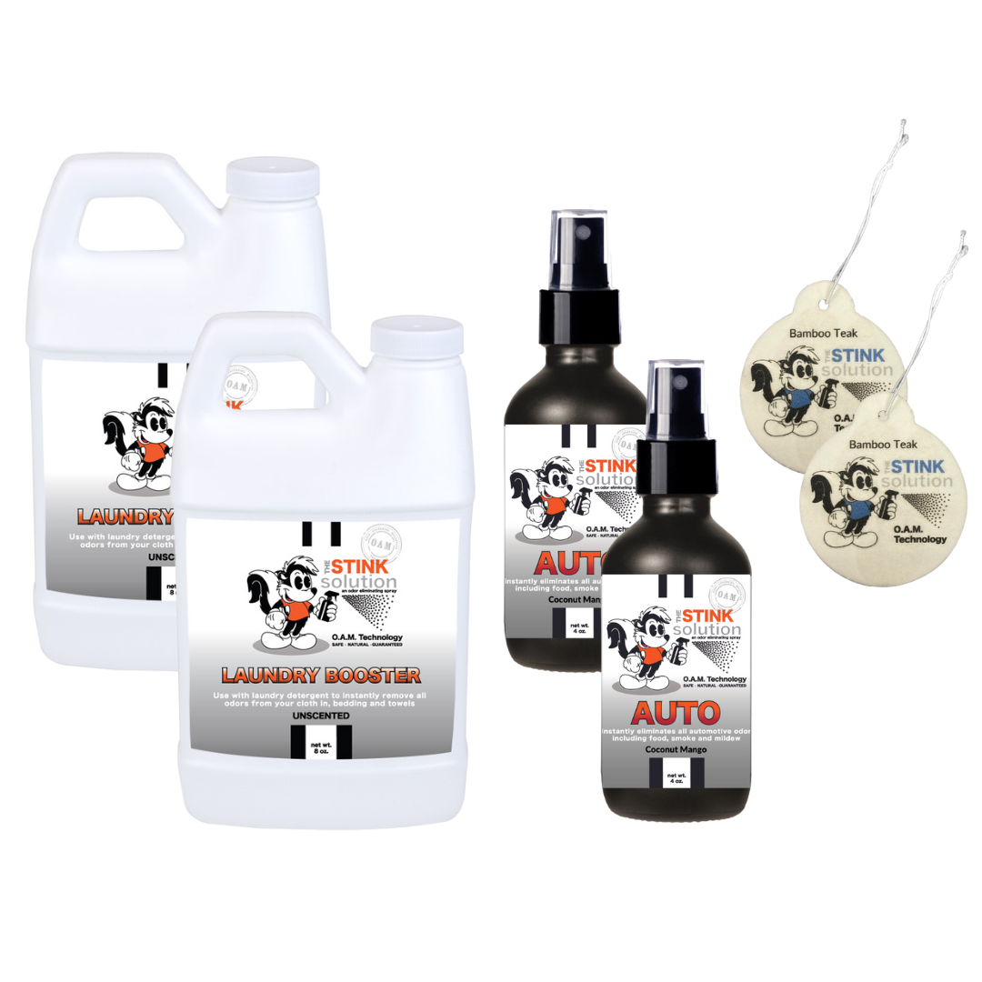 Super Sample Bundle - 2 Mini Laundry Boosters, Two 4 oz Auto Odor Eliminating Sprays, + 2 Car Air Fresheners