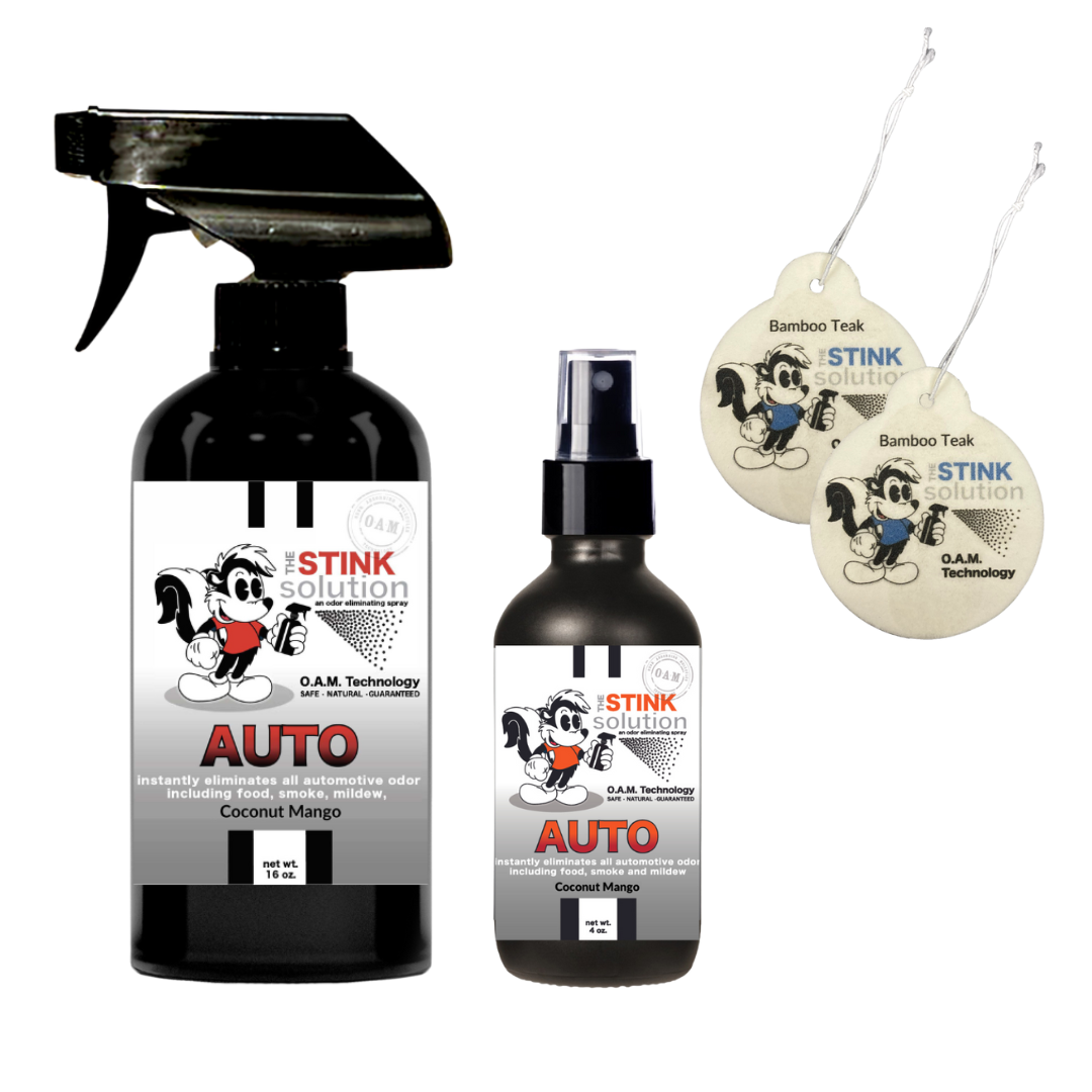 Twin Pack Auto Odor Eliminating Spray 16 oz and 4 oz Bundle + 2 FREE Car Air Fresheners