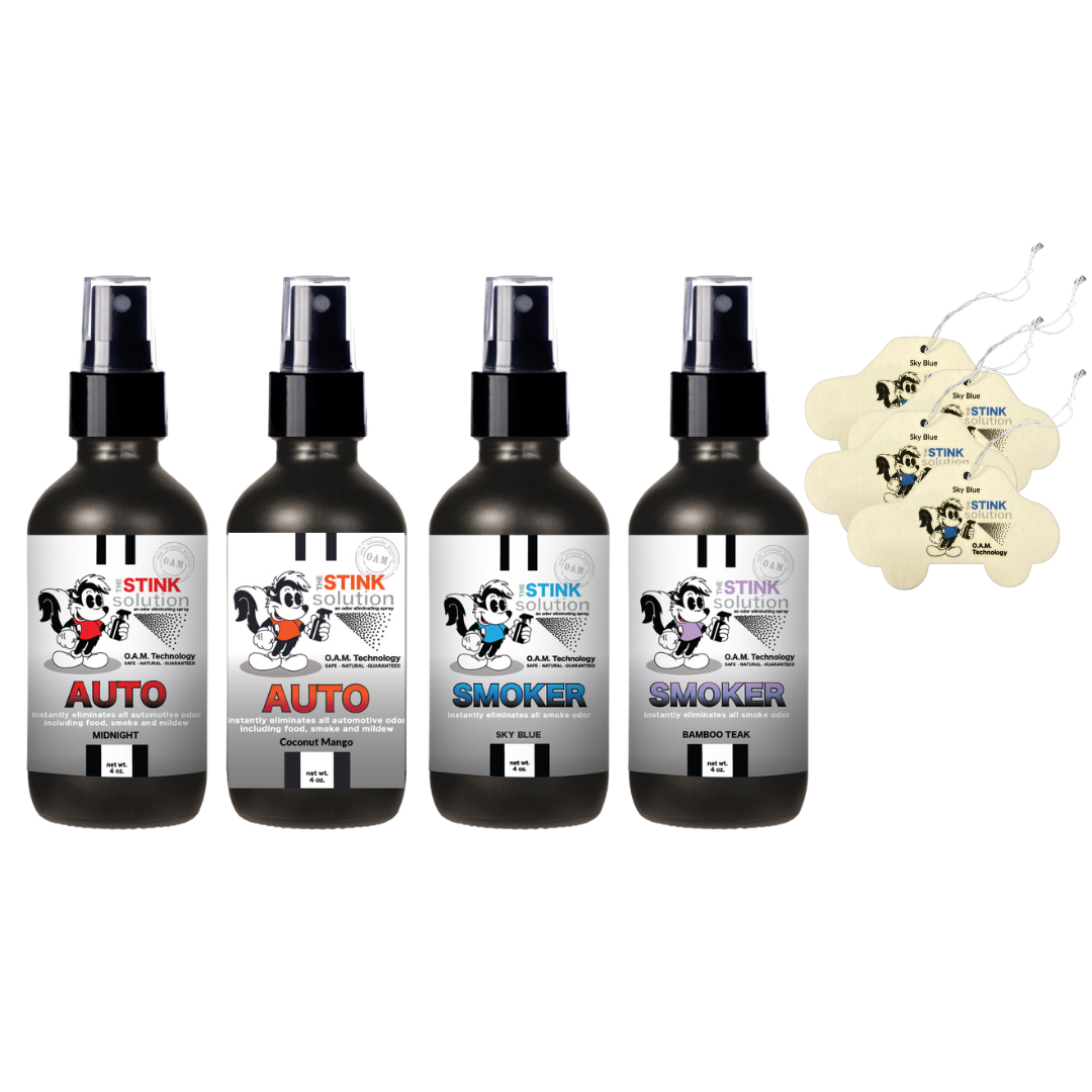 BUY 4 GET 4 Car Air Fresheners - Four 4 oz Odor Eliminating Sprays (Auto Midnight, Auto Coconut Mango, Smoker Bamboo Teak, and Smoker Sky Blue)