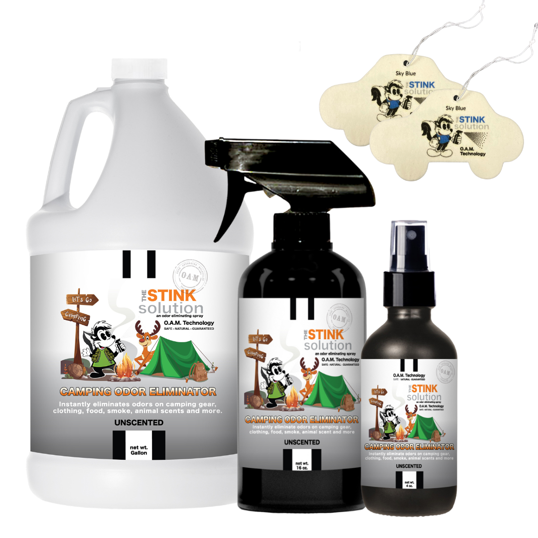 Experience odor-free camping with The Stink Solution's Camping Odor Eliminating Spray. Tackle tough outdoor odors effortlessly with our natural, non-toxic, and biodegradable formula. Say goodbye to unwanted smells and hello to freshness. 100% safe for all, backed by a money-back guarantee. Made in the USA.