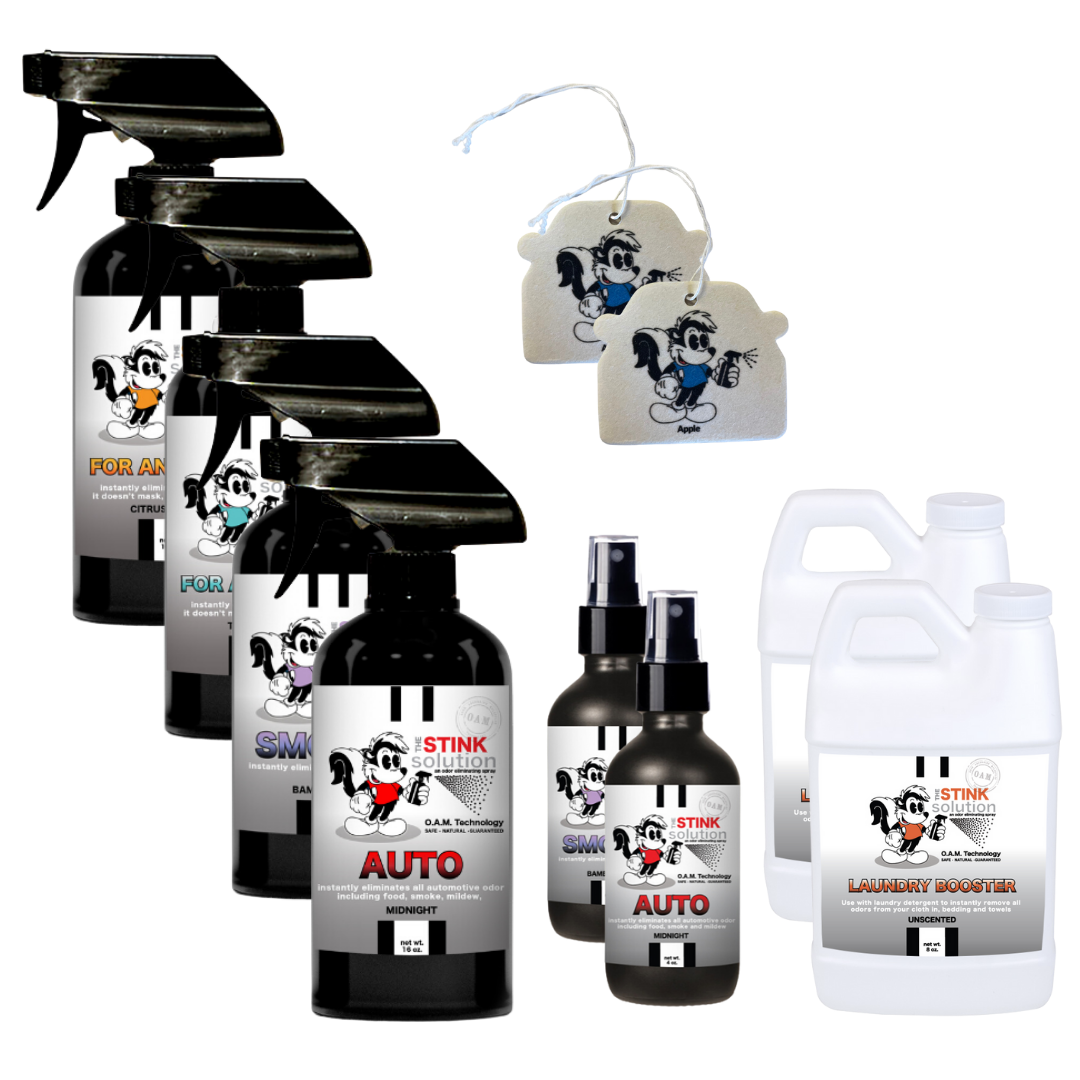 Buy 4 Get Super Sample Bundle FREE - 1 Citrus Orange (16 oz), 1 Tranquility (16 oz), 1 Smoker (16 oz), 1 Auto Midnight (16 oz), 1 Smoker (4 oz), 1 Auto Midnight (4 oz), 2 Mini Laundry Boosters, + 2 Air Fresheners