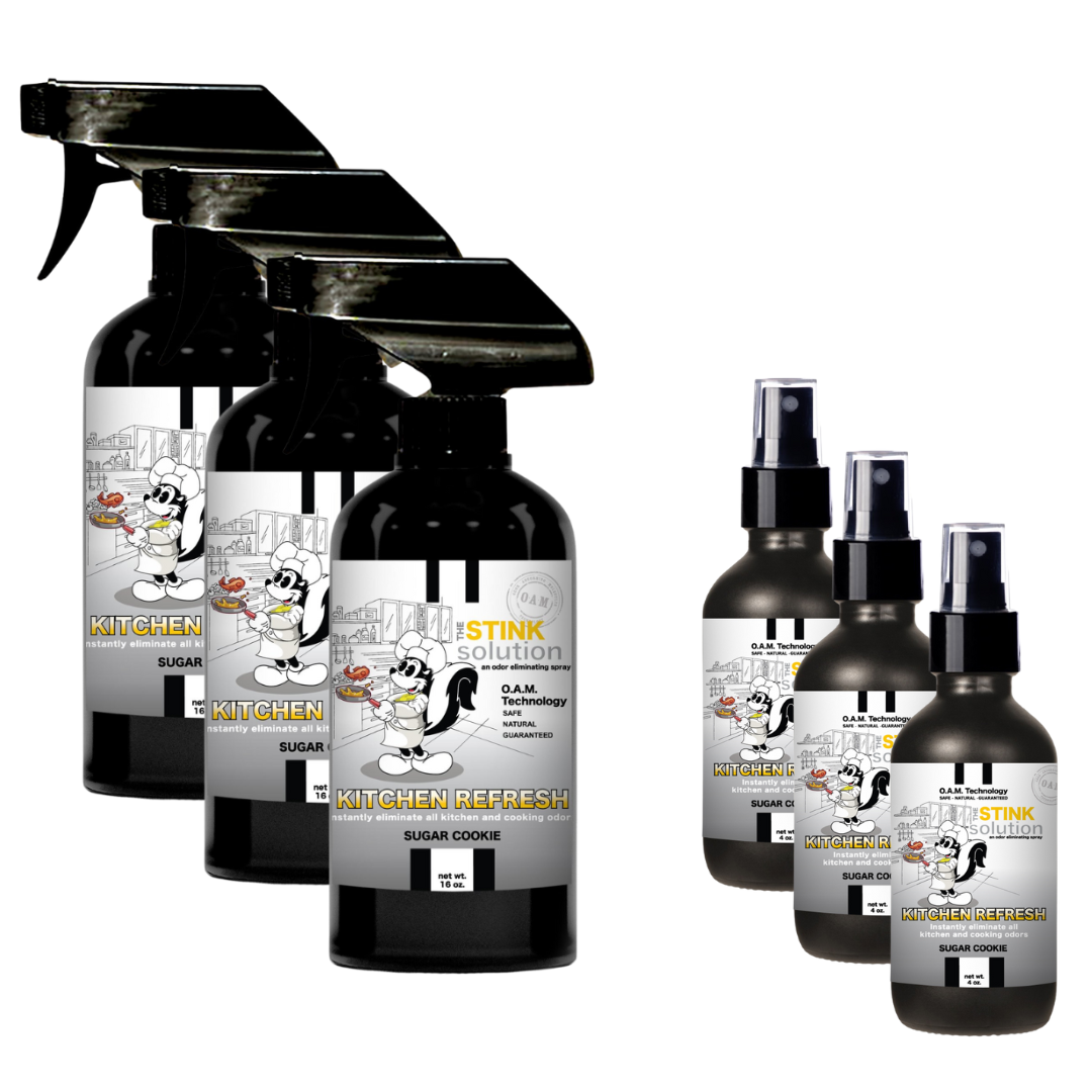 Kitchen Odor Eliminating Spray that gets rid of smells from cooking, fish, food, smoke, and more. It works on kitchen sinks, ovens, counters, and more. Safe, natural, non-toxic formula that works instantly.