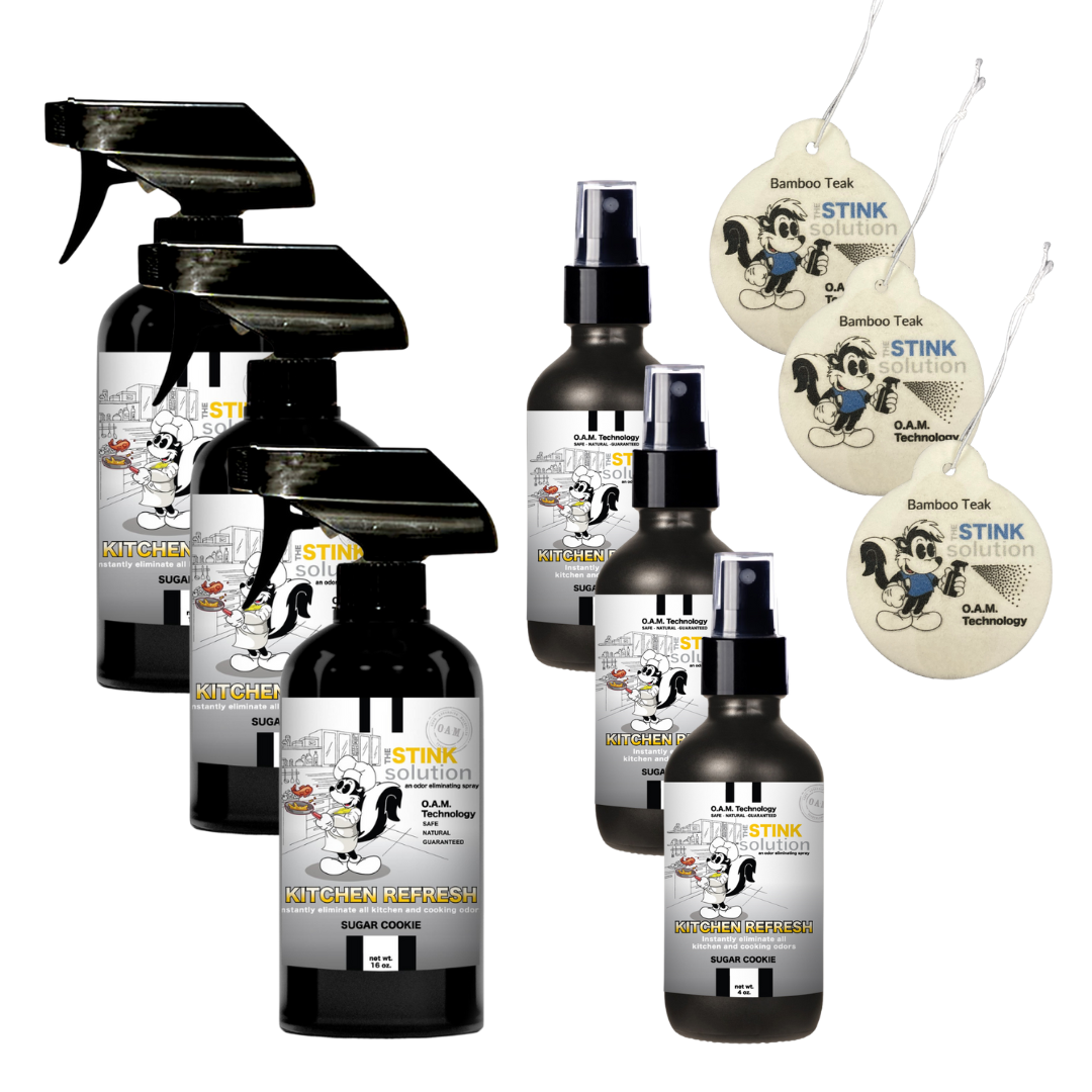 Kitchen Odor Eliminating Spray that gets rid of smells from cooking, fish, food, smoke, and more. It works on kitchen sinks, ovens, counters, and more. Safe, natural, non-toxic formula that works instantly.