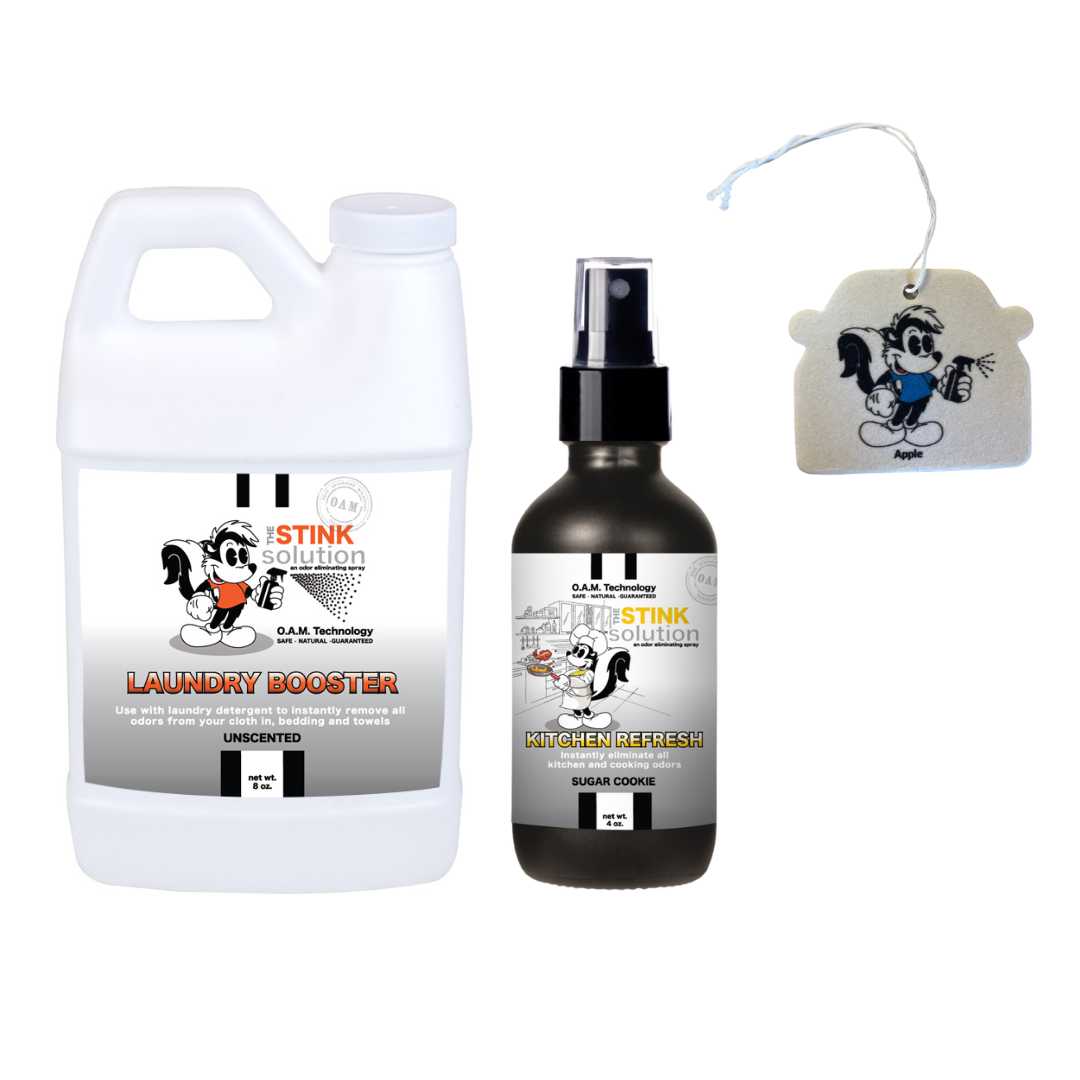 Sample Bundle - 1 Unscented Mini Laundry Booster, 1 Kitchen Odor Eliminator 4 oz (Sugar Cookie Fragrance) + 1 Car Air Freshener
