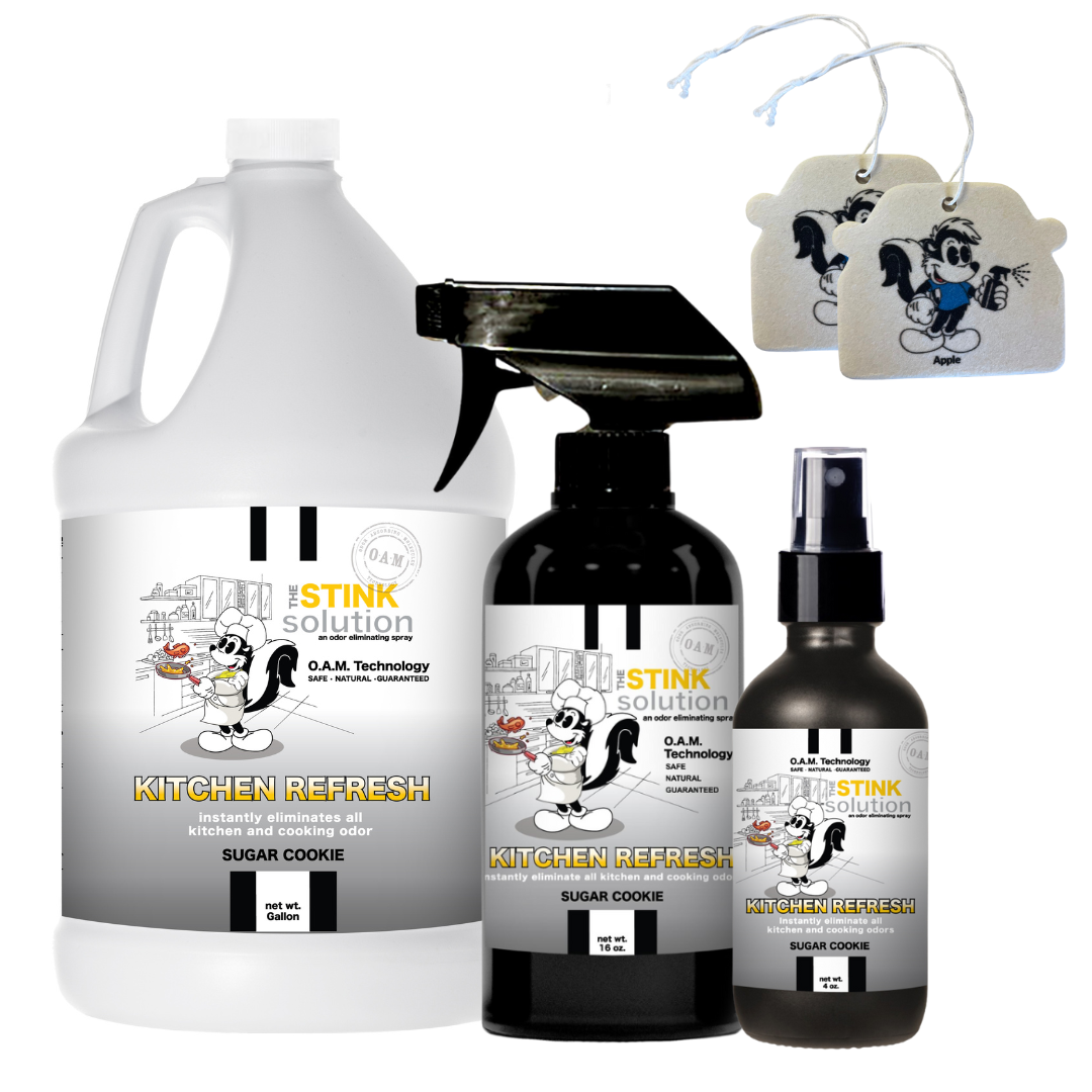 Kitchen Odor Eliminating Spray that gets rid of smells from cooking, fish, food, smoke, and more. It works on kitchen sinks, ovens, counters, and more. Safe, natural, non-toxic formula that works instantly.