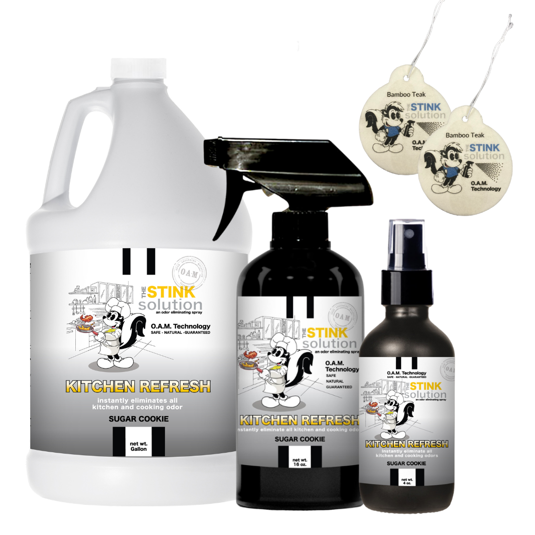 Kitchen Odor Eliminating Spray that gets rid of smells from cooking, fish, food, smoke, and more. It works on kitchen sinks, ovens, counters, and more. Safe, natural, non-toxic formula that works instantly.
