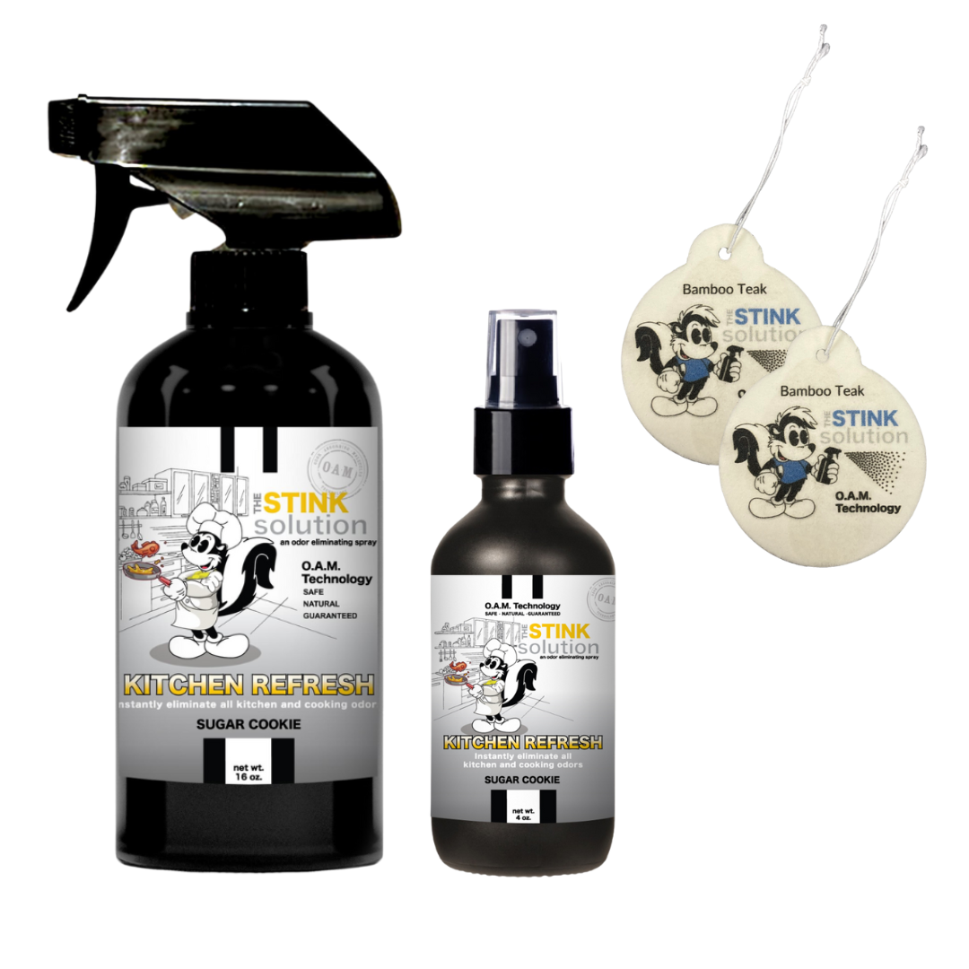 Kitchen Odor Eliminating Spray that gets rid of smells from cooking, fish, food, smoke, and more. It works on kitchen sinks, ovens, counters, and more. Safe, natural, non-toxic formula that works instantly.