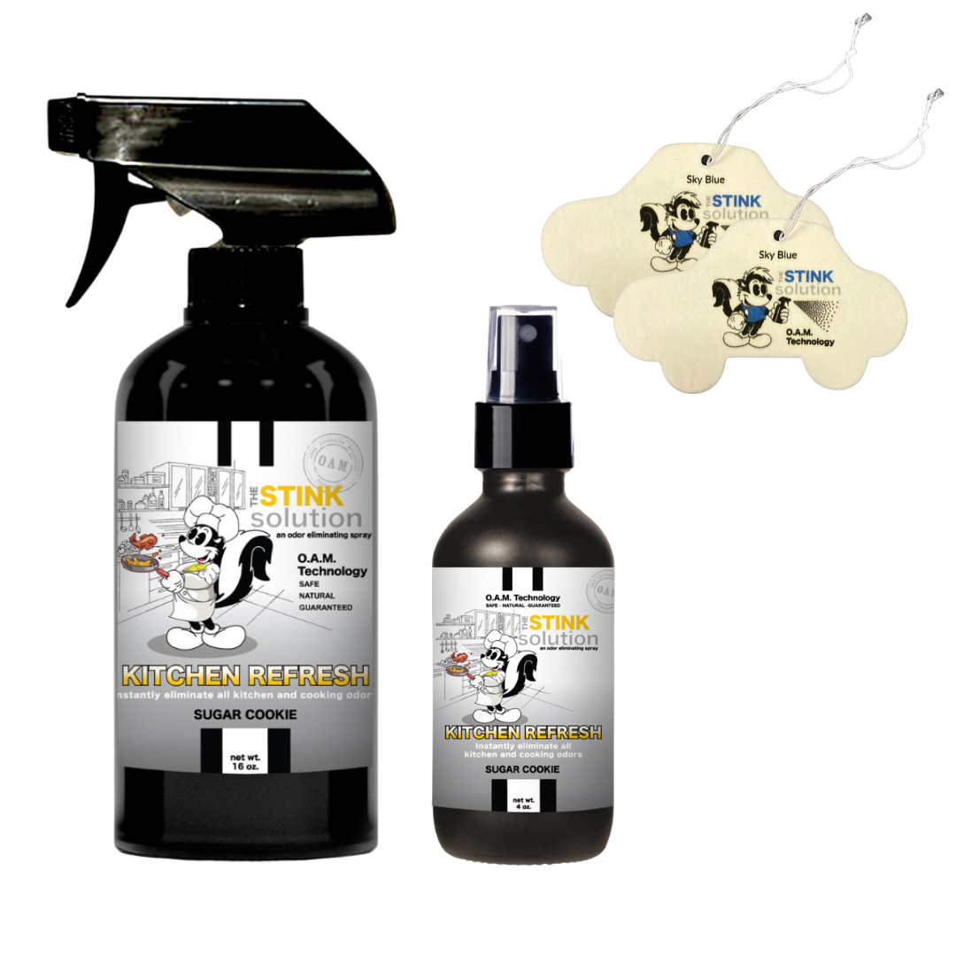 Kitchen Odor Eliminating Spray that gets rid of smells from cooking, fish, food, smoke, and more. It works on kitchen sinks, ovens, counters, and more. Safe, natural, non-toxic formula that works instantly.