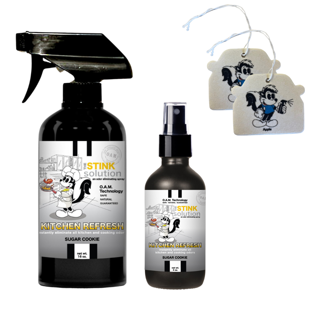Kitchen Odor Eliminating Spray that gets rid of smells from cooking, fish, food, smoke, and more. It works on kitchen sinks, ovens, counters, and more. Safe, natural, non-toxic formula that works instantly.