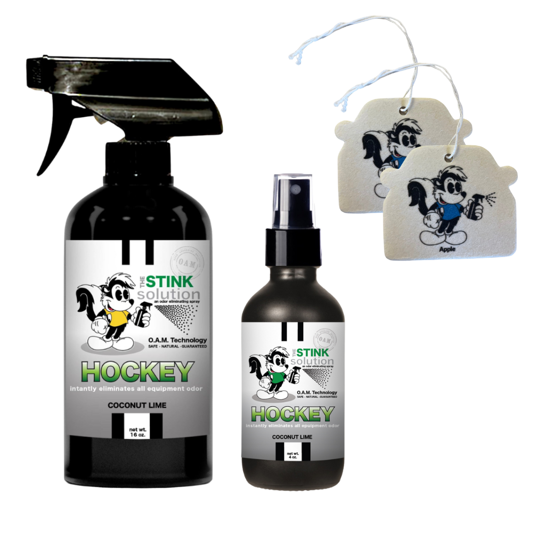Twin pack Hockey Odor Eliminating Sprays 16 oz and 4 oz Bundle + 2 FREE Car Air Fresheners