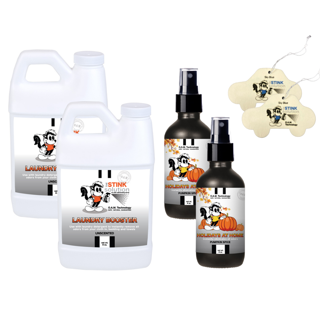 Super Sample Bundle - 2 Mini Laundry Boosters, Two 4 oz Fall Odor Eliminating Sprays + 2 Car Air Fresheners