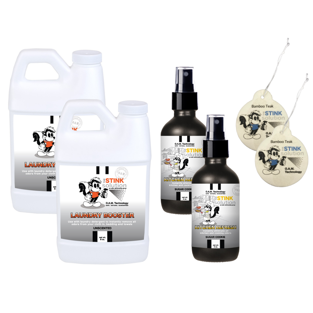 Super Sample Bundle - 2 Mini Laundry Boosters, Two 4 oz Kitchen Refresh Odor Eliminating Sprays + 2 Car Air Fresheners