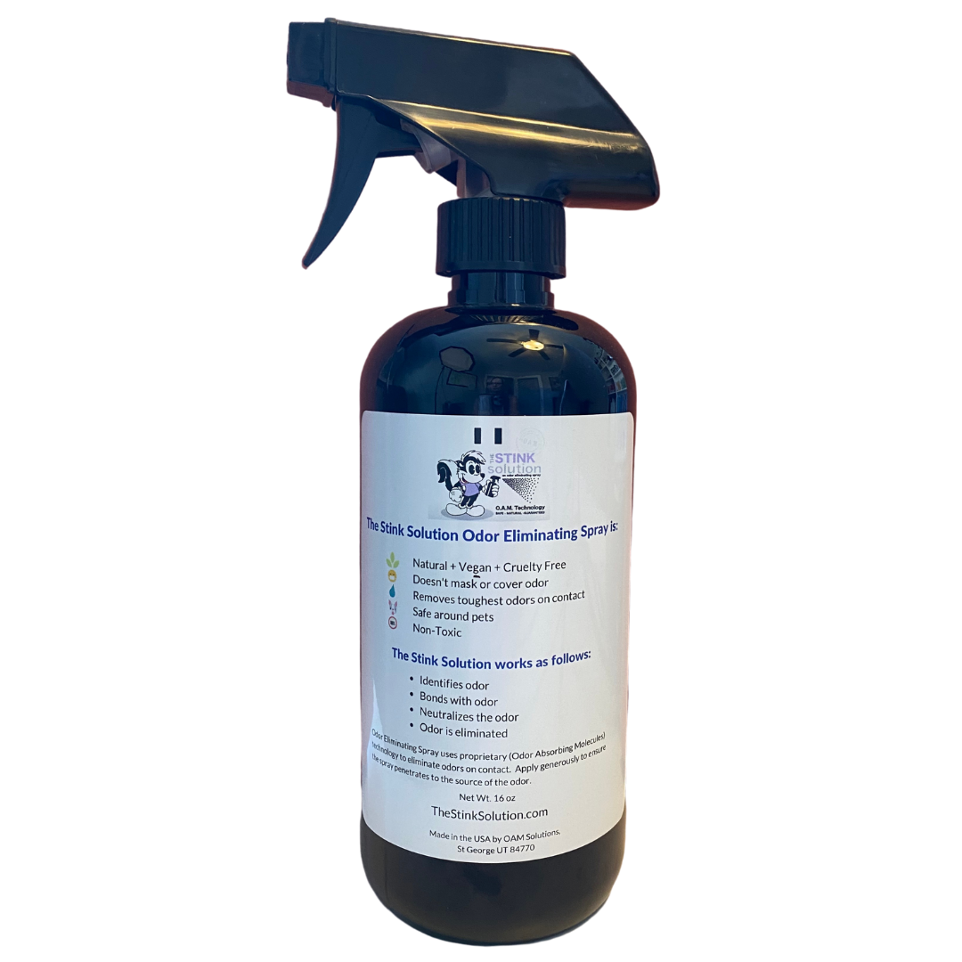 The Stink Solution Sport Driftwood Odor Eliminating Spray Bundle Natural, safe, non-toxic, enzyme-free odor eliminating spray. Multi-purpose use for any odor: smoke, urine, food, sweat, and more. Safe to spray anywhere: homes, cars, furniture, bathroom, carpet, and more.