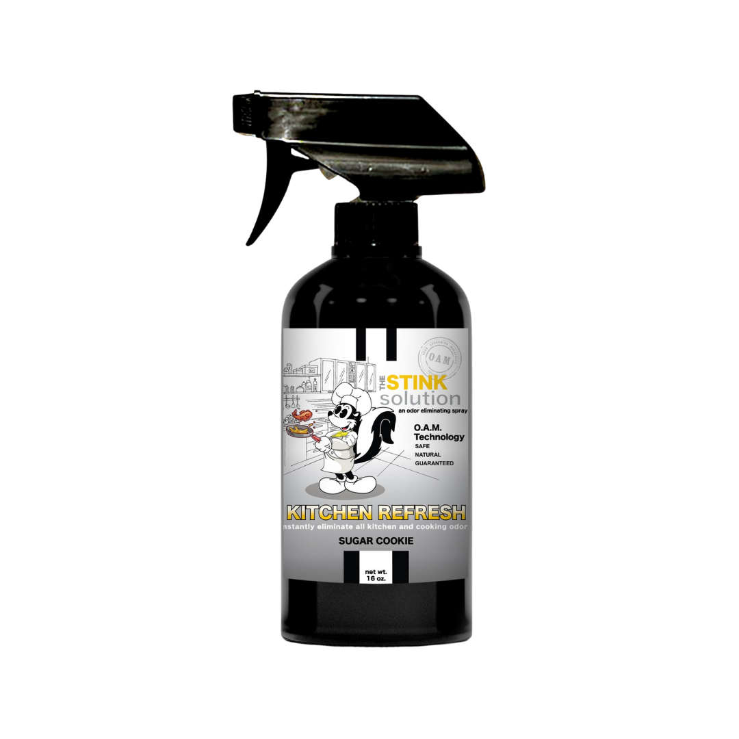 Kitchen Odor Eliminating Spray that gets rid of smells from cooking, fish, food, smoke, and more. It works on kitchen sinks, ovens, counters, and more. Safe, natural, non-toxic formula that works instantly.