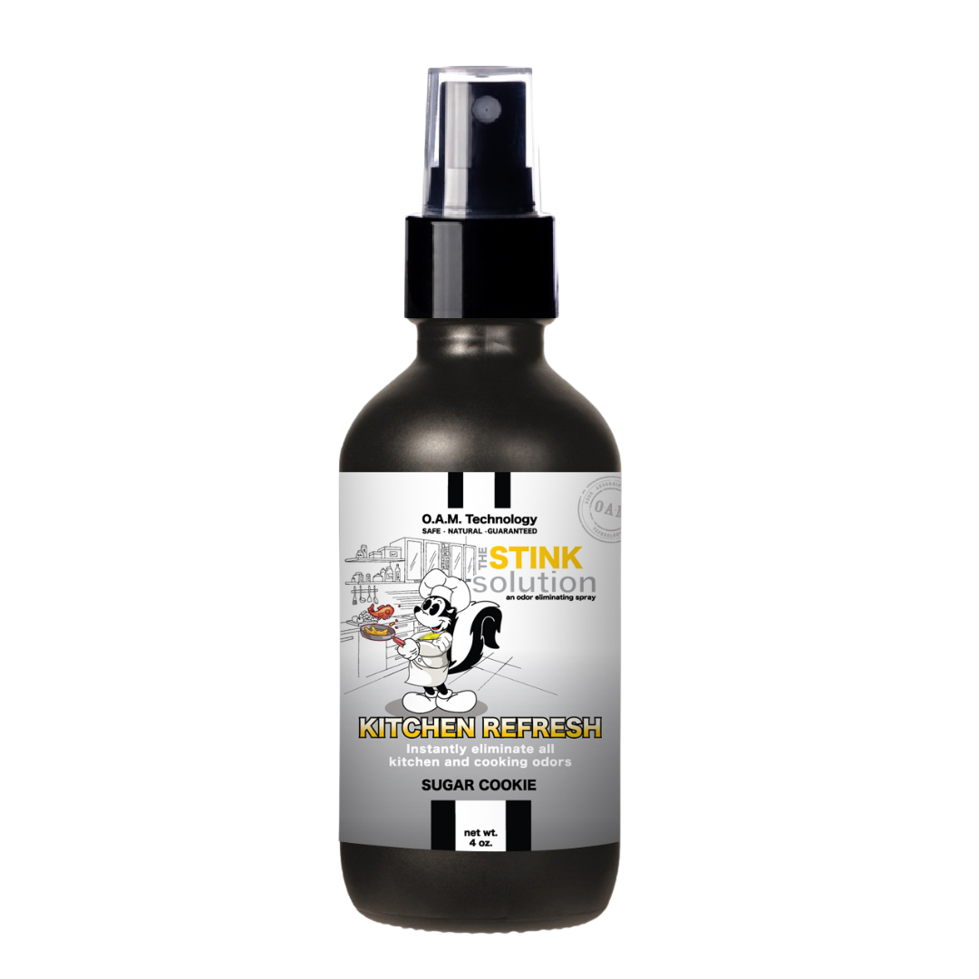 Kitchen Odor Eliminating Spray that gets rid of smells from cooking, fish, food, smoke, and more. It works on kitchen sinks, ovens, counters, and more. Safe, natural, non-toxic formula that works instantly.