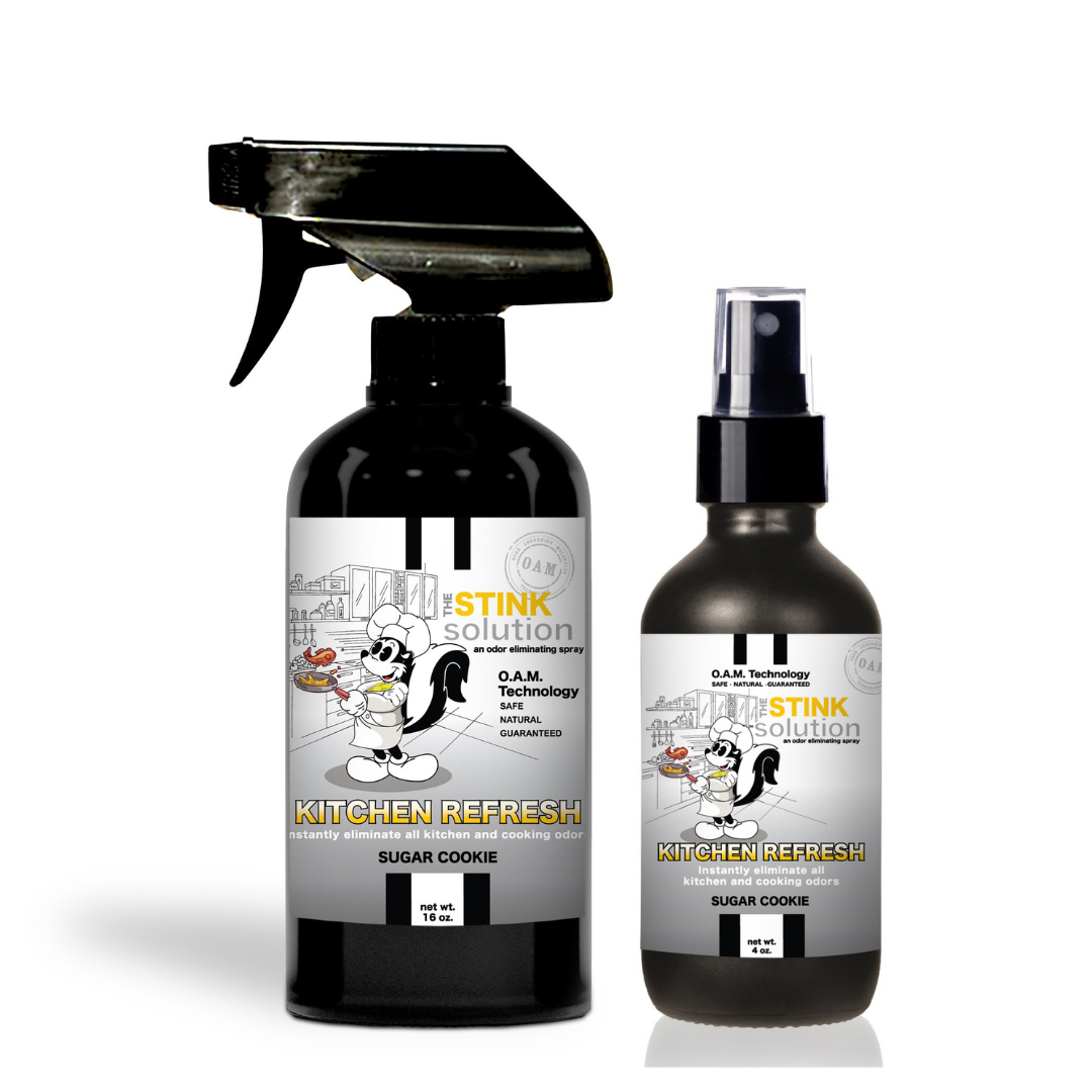 Kitchen Odor Eliminating Spray that gets rid of smells from cooking, fish, food, smoke, and more. It works on kitchen sinks, ovens, counters, and more. Safe, natural, non-toxic formula that works instantly.