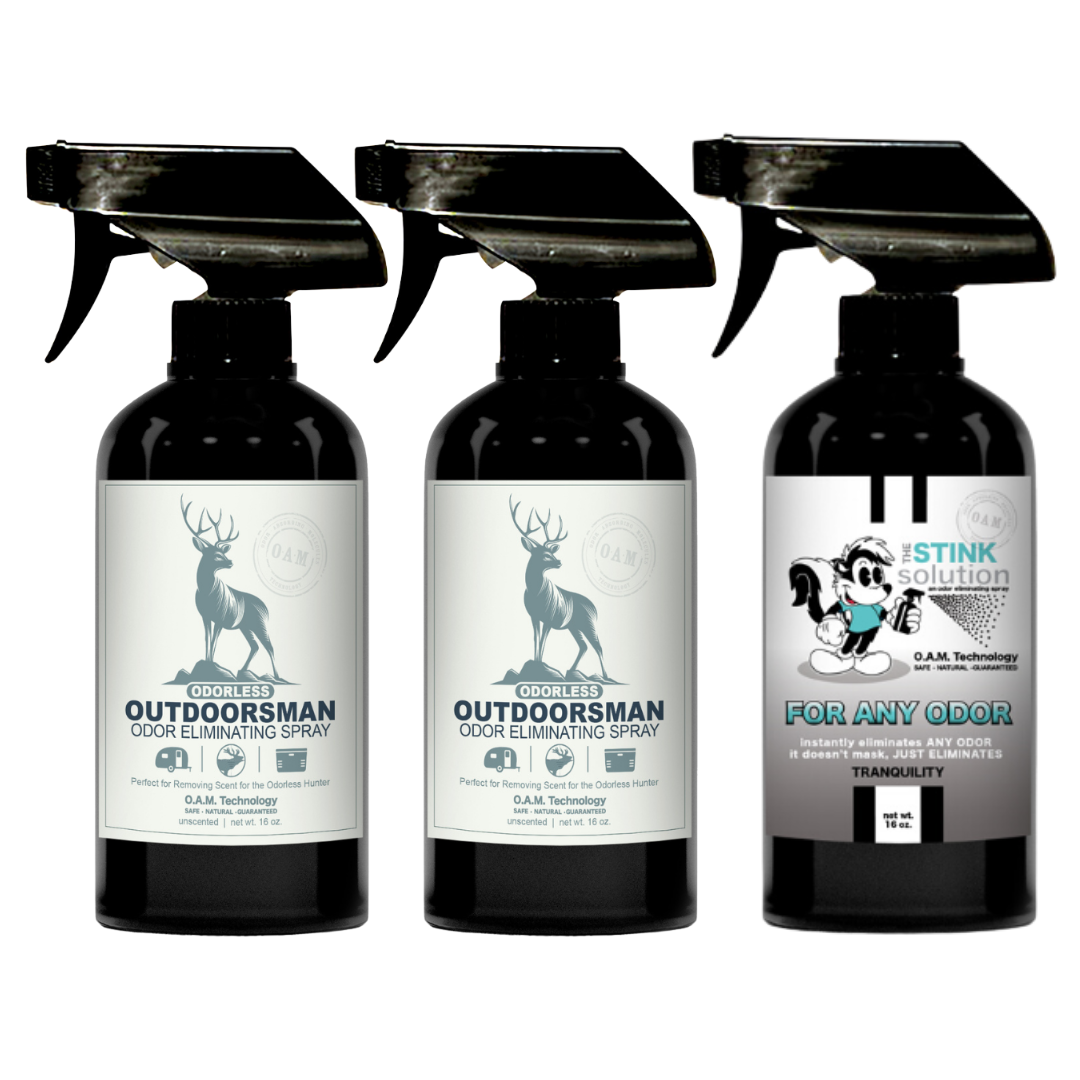 Three Pack - Two Odorless Outdoorsman Odor Eliminating Sprays + One Spray of Choice 16 oz