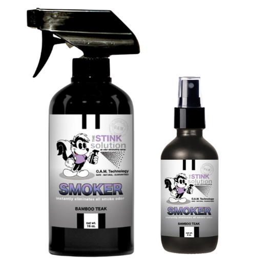 Twin Pack Smoker Bamboo Teak 16 oz and 4 oz Bundle. Natural, safe, non-toxic, enzyme-free odor eliminating spray. Multi-purpose use for any odor: smoke, urine, food, sweat, and more. Safe to spray anywhere: homes, cars, furniture, bathroom, carpet, and more.