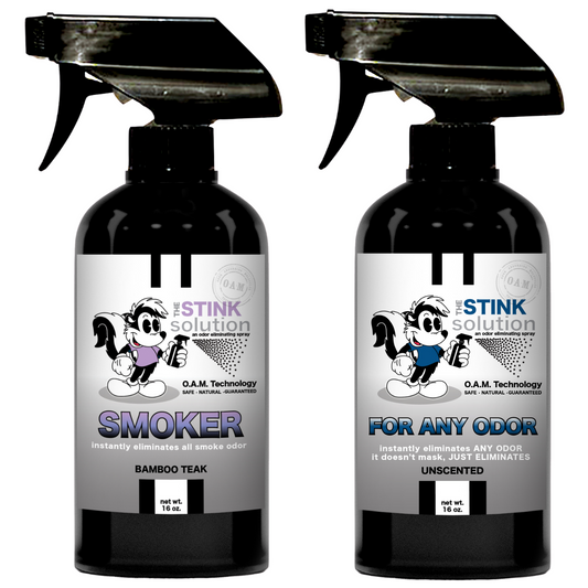 The Stink Solution One Smoker Bamboo Teak, One Unscented 16 oz Sprays. Natural, safe, non-toxic, enzyme-free odor eliminating spray. Multi-purpose use for any odor: smoke, urine, food, sweat, and more. Safe to spray anywhere: homes, cars, furniture, bathroom, carpet, and more.