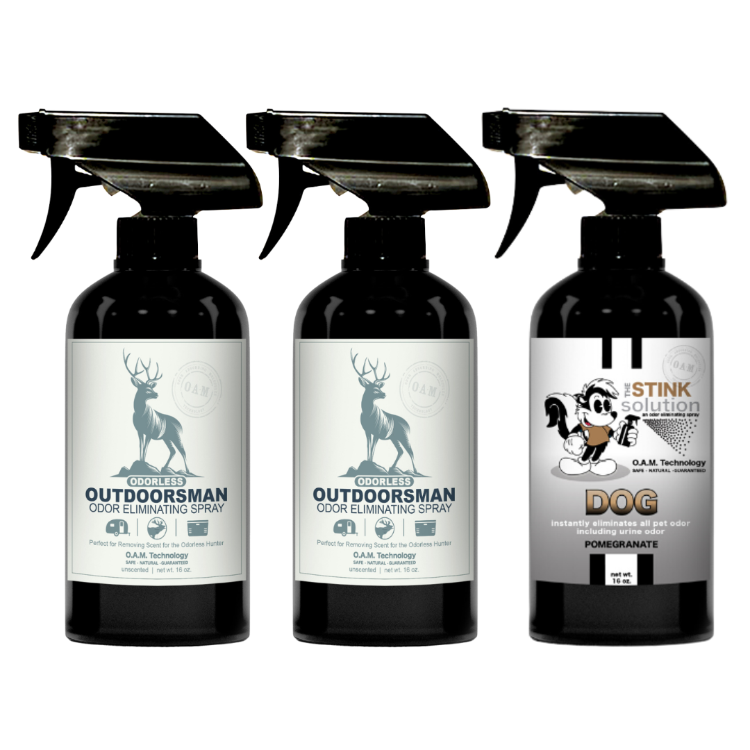 Three Pack - Two Odorless Outdoorsman Odor Eliminating Sprays + One Spray of Choice 16 oz