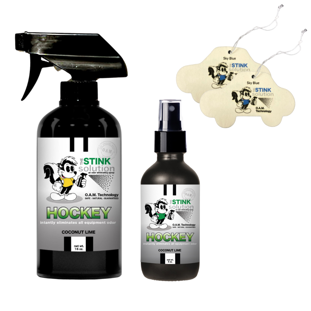 Twin pack Hockey Odor Eliminating Sprays 16 oz and 4 oz Bundle + 2 FREE Car Air Fresheners