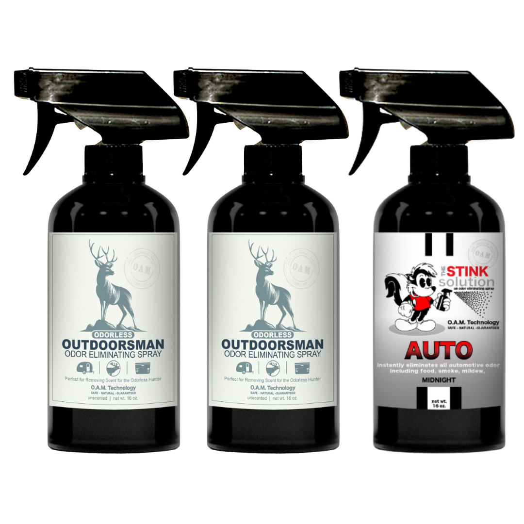 Three Pack - Two Odorless Outdoorsman Odor Eliminating Sprays + One Spray of Choice 16 oz