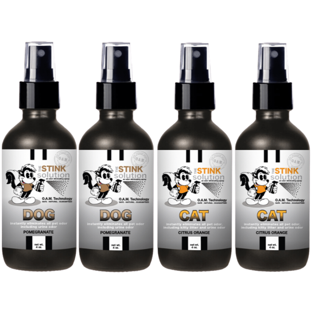 4 oz. Pet Odor Sampler Set: 4 Odor Eliminating Sprays (2 Dog Pomegranate and 2 Cat Citrus Orange) BUY 3 GET 1 FREE. Natural, safe, non-toxic, enzyme-free odor eliminating spray. Multi-purpose use for any odor: smoke, urine, food, sweat, and more. Safe to spray anywhere: homes, cars, furniture, bathroom, carpet, and more.