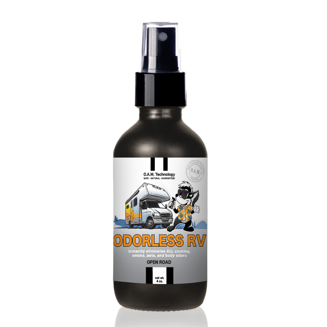 NEW Odorless RV 4 oz Odor Eliminating Spray in Open Road Fragrance Natural, safe, non-toxic, enzyme-free Laundry Booster. Multi-purpose use for any odor: smoke, urine, food, sweat, and more. Safe to spray anywhere: homes, cars, furniture, bathroom, carpet, and more.