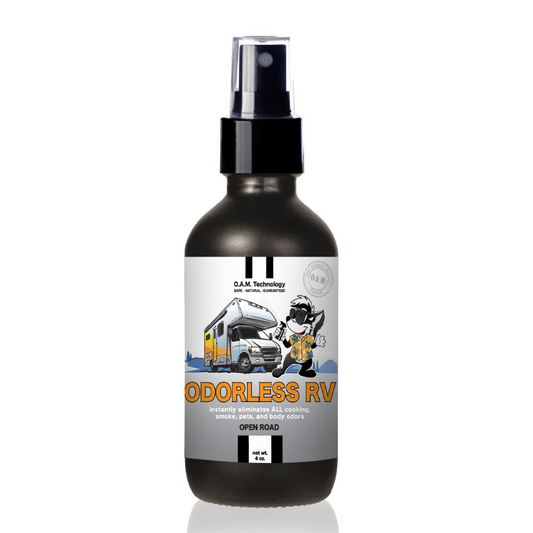 NEW Odorless RV 4 oz Odor Eliminating Spray in Open Road Fragrance Natural, safe, non-toxic, enzyme-free Laundry Booster. Multi-purpose use for any odor: smoke, urine, food, sweat, and more. Safe to spray anywhere: homes, cars, furniture, bathroom, carpet, and more.